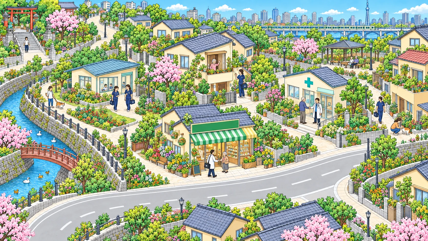 薬局や医療機関、訪問看護、住宅がある街のイラスト